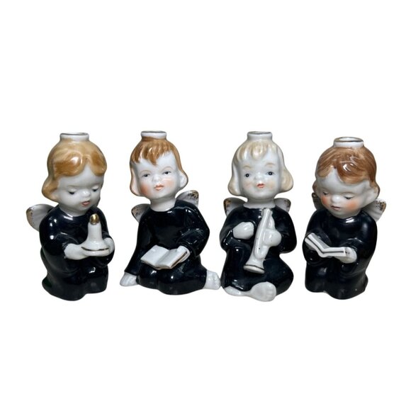 Vintage Christmas Angel Candleholders Japan Black Set of 4 - Picture 1 of 5